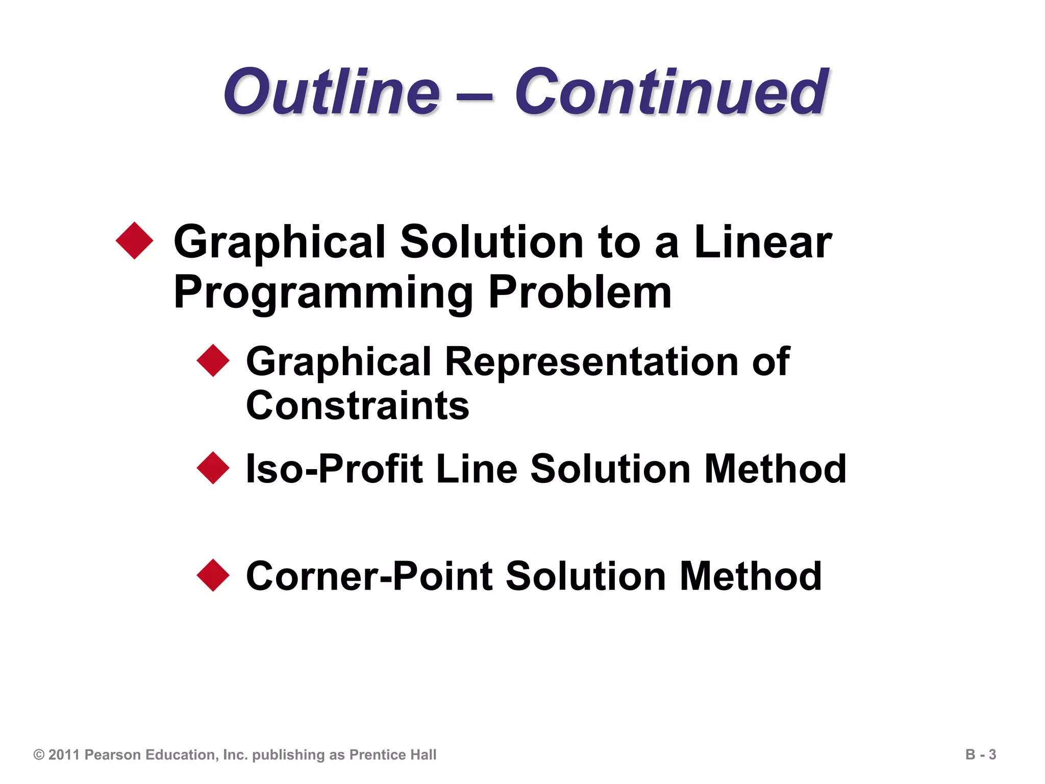 B - 3© 2011 Pearson Education, Inc. publishing as Prentice Hall
Outline – Continued
 Graphical Solution to a Linear
Programming Problem
 Graphical Representation of
Constraints
 Iso-Profit Line Solution Method
 Corner-Point Solution Method
 
