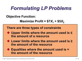 B - 16© 2011 Pearson Education, Inc. publishing as Prentice Hall
Formulating LP Problems
Objective Function:
Maximize Profit = $7X1 + $5X2
There are three types of constraints
 Upper limits where the amount used is ≤
the amount of a resource
 Lower limits where the amount used is ≥
the amount of the resource
 Equalities where the amount used is =
the amount of the resource
 