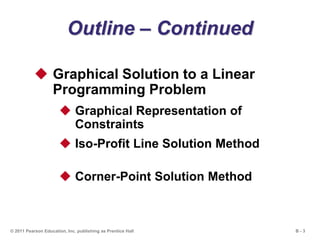 B - 3© 2011 Pearson Education, Inc. publishing as Prentice Hall
Outline – Continued
 Graphical Solution to a Linear
Programming Problem
 Graphical Representation of
Constraints
 Iso-Profit Line Solution Method
 Corner-Point Solution Method
 