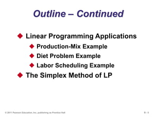 B - 5© 2011 Pearson Education, Inc. publishing as Prentice Hall
Outline – Continued
 Linear Programming Applications
 Production-Mix Example
 Diet Problem Example
 Labor Scheduling Example
 The Simplex Method of LP
 