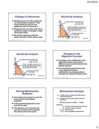 10/16/2010




                     Changes in Resources                                                                                                  Sensitivity Analysis
                                                                                                                                 X2
                  Shadow prices are often explained                                                                                    –
                                                                                                                                                              Changed assembly constraint from
                  as answering the question “How                                                                               100 –
                                                                                                                                                                                2X1 + 1X2 = 100
                                                                                                                                       –
                  much would you pay for one                                                                                     80 – 2
                                                                                                                                                                             to 2X1 + 1X2 = 110

                  additional unit of a resource?”                                                                                      –
                                                                                                                                                                     Corner point 3 i still optimal, but
                                                                                                                                                                     C          i t    is till ti l b t
                                                                                                                                 60 –
                  Shadow prices are only valid over a                                                                                  –
                                                                                                                                                                     values at this point are now X1 = 45,
                                                                                                                                                                     X2 = 20, with a profit = $415
                  particular range of changes in right-                                                                          40 –

                  hand-side values                                                                                                     –
                                                                                                                                                                                 Electronics constraint
                                                                                                                                 20 –
                                                                                                                                                             3                   is unchanged
                  Sensitivity reports provide the                                                                                      –
                                                                                                                                      |–     |     |     |     |      |  |   |    |   |    |
                  upper and lower limits of this range                                                                           1
                                                                                                                                      0           20          40      4 60       80       100   X1    Figure B.8 (a)

© 2011 Pearson Education, Inc. publishing as Prentice Hall                                             B - 31   © 2011 Pearson Education, Inc. publishing as Prentice Hall                                        B - 32




                           Sensitivity Analysis                                                                                              Changes in the
                 X2
                                                                                                                                            Objective Function
                       –
                                         Changed assembly constraint from
               100 –
                       –                                   2X1 + 1X2 = 100                                                       A change in the coefficients in the
                 80 –
                                                         to 2X1 + 1X2 = 90                                                       objective function may cause a
                  2 –
                                                     Corner point 3 i still optimal, but
                                                     C          i t    is till ti l b t
                                                                                                                                 different corner point to become the
                 60 –
                                                     values at this point are now X1 = 15,                                       optimal solution
                       – 3
                                                     X2 = 60, with a profit = $405
                 40 –                                                                                                            The sensitivity report shows how
                 20 –
                       –
                                                                      Electronics constraint                                     much objective function
                       –
                                                                      is unchanged                                               coefficients may change without
                 1    |–     |     |     |     |  |           |   |    |   |    |                                                changing the optimal solution point
                      0           20          40 4           60       80       100   X1    Figure B.8 (b)

© 2011 Pearson Education, Inc. publishing as Prentice Hall                                             B - 33   © 2011 Pearson Education, Inc. publishing as Prentice Hall                                        B - 34




                        Solving Minimization                                                                                          Minimization Example
                             Problems                                                                                      X1 = number of tons of black-and-white picture
                                                                                                                                chemical produced
                 Formulated and solved in much the
                                                                                                                           X2 = number of tons of color picture chemical
                 same way as maximization                                                                                       produced
                 problems
                                                                                                                                      Minimize total cost = 2,500X1 + 3,000X2
                 In the graphical approach an iso-
                                                                                                                        Subject to:
                 cost line is used
                                                                                                                                  X1                     ≥ 30 tons of black-and-white chemical
                 The objective is to move the iso-                                                                                X2                     ≥ 20 tons of color chemical
                 cost line inwards until it reaches                                                                          X1 + X2                     ≥ 60 tons total
                 the lowest cost corner point                                                                                 X1, X2                     ≥ $0 nonnegativity requirements

© 2011 Pearson Education, Inc. publishing as Prentice Hall                                             B - 35   © 2011 Pearson Education, Inc. publishing as Prentice Hall                                        B - 36




                                                                                                                                                                                                                           6
 