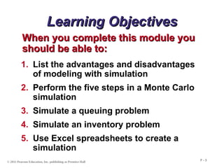 © 2011 Pearson Education, Inc. publishing as Prentice Hall
F - 3
Learning Objectives
Learning Objectives
When you complete this module you
When you complete this module you
should be able to:
should be able to:
1. List the advantages and disadvantages
of modeling with simulation
2. Perform the five steps in a Monte Carlo
simulation
3. Simulate a queuing problem
4. Simulate an inventory problem
5. Use Excel spreadsheets to create a
simulation
 