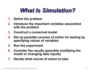 © 2011 Pearson Education, Inc. publishing as Prentice Hall
F - 7
What Is Simulation?
What Is Simulation?
1. Define the problem
2. Introduce the important variables associated
with the problem
3. Construct a numerical model
4. Set up possible courses of action for testing by
specifying values of variables
5. Run the experiment
6. Consider the results (possibly modifying the
model or changing data inputs)
7. Decide what course of action to take
 