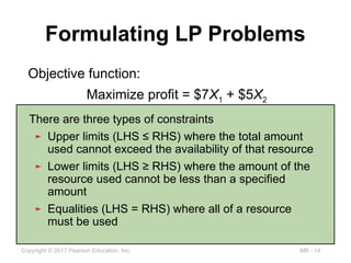 MB - 14
Copyright © 2017 Pearson Education, Inc.
Formulating LP Problems
Objective function:
Maximize profit = $7X1 + $5X2
There are three types of constraints
► Upper limits (LHS ≤ RHS) where the total amount
used cannot exceed the availability of that resource
► Lower limits (LHS ≥ RHS) where the amount of the
resource used cannot be less than a specified
amount
► Equalities (LHS = RHS) where all of a resource
must be used
 