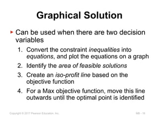 MB - 16
Copyright © 2017 Pearson Education, Inc.
Graphical Solution
▶ Can be used when there are two decision
variables
1. Convert the constraint inequalities into
equations, and plot the equations on a graph
2. Identify the area of feasible solutions
3. Create an iso-profit line based on the
objective function
4. For a Max objective function, move this line
outwards until the optimal point is identified
 