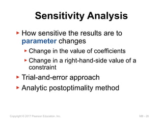 MB - 26
Copyright © 2017 Pearson Education, Inc.
Sensitivity Analysis
▶ How sensitive the results are to
parameter changes
▶ Change in the value of coefficients
▶ Change in a right-hand-side value of a
constraint
▶ Trial-and-error approach
▶ Analytic postoptimality method
 