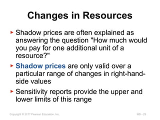MB - 29
Copyright © 2017 Pearson Education, Inc.
Changes in Resources
▶ Shadow prices are often explained as
answering the question "How much would
you pay for one additional unit of a
resource?"
▶ Shadow prices are only valid over a
particular range of changes in right-hand-
side values
▶ Sensitivity reports provide the upper and
lower limits of this range
 