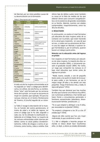 Mujeres reclusas y el papel de la educación
Revista Educativa Hekademos, 16, Año VII, Diciembre 2014. [17-24]. ISSN: 1989-3558
© AFOE 2014. Todos los derechos reservados
20
de libertad, por ser éstos posibles causas de
su desvinculación con la formación.
Tabla 2: Descripción de la muestra.
Código
y Prisión
Tramo
de edad
Delito
de ingreso
TEI1
Teixeiro
(A Coruña)
< 30 años Contra el patrimonio
TEI2
Teixeiro
(A Coruña)
> 50 años
Contra la salud
pública
TEI3
Teixeiro
(A Coruña)
> 50 años
Contra la salud
pública
TEI4
Teixeiro
(A Coruña))
30-50 años
Contra el patrimonio
y homicidio y sus
formas
BON1
Bonxe
(Lugo)
30-50 años
Contra la salud
pública
PER1
Pereiro de
Aguiar
(Ourense)
30-50 años Contra el patrimonio
LAM1
A Lama
(Pontevedra)
30-50 años Contra el patrimonio
LAM2
A Lama
(Pontevedra)
30-50 años Contra el patrimonio
LAM3
A Lama
(Pontevedra)
30-50 años
Contra la salud
pública
LAM4
A Lama
(Pontevedra)
> 50 años
Contra la salud
pública
A cada una de las mujeres entrevistadas se le
ha asignado un "alias" o código para identifi-
carla y no utilizar, de esta forma, su nombre.
Dicho "alias" está formado por las primeras
letras de la prisión en la que se encuentra la
mujer en cuestión, (por ejemplo, TEI para las
reclusas internas en el Centro Penitenciario
de Teixeiro, A Coruña) seguido de un núme-
ro.
La Tabla 2 recoge la descripción de la mues-
tra, en función del centro penitenciario, el
tramo de edad y el delito de ingreso, así
como el código que le ha sido asignado a
cada una. Se ha utilizado la clasificación es-
tablecida en el Código Penal. La mayoría de
las reclusas entrevistadas están internas por
delitos contra la salud pública (fundamen-
talmente, tráfico de drogas) o contra el pa-
trimonio, como hurtos, robos o estafas. Este
último tipo de delitos suelen tener también
su causa en la falta de medios de los que
obtener dinero para consumir estupefacien-
tes o en la existencia de grandes necesidades
en su familia. Además, cuentan con edades
comprendidas, mayoritariamente, entre los
30 y los 50 años.
3. RESULTADOS
A continuación, se analiza el nivel formativo
y/o educativo de estas mujeres antes de su
contacto con la prisión, qué están haciendo
en la cárcel para mejorarlo, -en caso de que
así sea-, y cuáles son sus previsiones de futu-
ro una vez salgan en libertad, si quieren se-
guir formándose o, por el contrario, quieren
buscar un trabajo cuanto antes.
Relación con la educación antes del ingreso
en prisión
Con respecto al nivel formativo y/o educati-
vo de estas mujeres, la mayoría de ellas ca-
recen de estudios (30%), o únicamente po-
seen el graduado escolar (40%). Por tanto,
un rasgo que comparten las reclusas es el
bajo nivel educativo que tenían antes de
ingresar en prisión.
“Nada, bueno, estudié, o sea de pequeña
hasta sexto y me quitó mi madre de la escue-
la para cuidar a mis hermanos, yo soy la
mayor tengo 29 años y los demás son más
pequeños. Tengo 4 hermanos más, y nada, lo
típico del gitano” (TEI1).
También hay que destacar que hay muchas
de ellas que tuvieron una infancia muy difícil,
con numerosos problemas o han tenido que
hacer frente a circunstancias personales o
familiares excepcionales (abandono, deses-
tructuración familiar, prostitución...):
“Yo es que empecé a delinquir a los 9 años,
por necesidad en mi familia” (PER1).
“Yo empecé a drogarme a los 35 y a los 37
estaba aquí” (TEI4).
Alguna de ellas cuenta que fue una mujer
maltratada, lo que condicionó su vida:
“(…) Me vi obligada a hacerlas porque mi
marido es tóxico desde hace muchísimos
años. Lo dejó…y ahora ya estaba demasiado
 