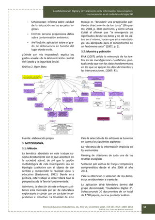 La Alfabetización Digital y el Tratamiento de la Información: dos competen-
cias necesarias en el ciudadano del siglo XXI
Revista Educativa Hekademos, 16, Año VII, Diciembre 2014. [59-68]. ISSN: 1989-3558
© AFOE 2014. Todos los derechos reservados
62
- Schoolscope: informa sobre calidad
de la educación en las escuelas in-
glesas
- Emitter: servicio proporciona datos
sobre contaminación ambiental.
- AreYouSafe: aplicación sobre el gra-
do de delincuencia en función del
lugar donde estés.
¿Dónde van mis Impuestos?: explica los
gastos anuales de la Administración central
del Estado y la Seguridad Social.
Gráfico 2. Open Data
Fuente: elaboración propia
3. METODOLOGÍA
3.1. Método
La temática abordada en este trabajo co-
necta directamente con lo que acontece en
la sociedad actual, de ahí que la opción
metodológica de esta investigación sea de
tipología cualitativa con el objeto de dar
sentido y comprender la realidad social y
educativa (Bartolomé, 1992). Desde esta
postura, este trabajo se desarrollará bajo la
perspectiva de la Teoría Fundamentada.
Asimismo, la elección de este enfoque cuali-
tativo está motivada por ser de naturaleza
exploratoria y contar con un carácter inter-
pretativo e inductivo. La finalidad de este
trabajo es “descubrir una proposición par-
tiendo directamente de los datos” (Bisque-
rra, 2004, p. 318). Asimismo, y como señala
Cuñat al afirmar que “la emergencia de
significados desde los datos y no de los da-
tos en sí mismo, hacen que esta metodolo-
gía sea apropiada para el conocimiento de
un fenómeno social” (2007, p. 2).
3.2. Muestra y población
Flick (2007) señala la relevancia de los tex-
tos en las investigaciones cualitativas, pun-
tualizando que son los datos fundamentales
en los que se apoyan los descubrimientos y
las interpretaciones. (2007: 43).
Para la selección de los artículos se tuvieron
en cuenta los siguientes aspectos:
La relevancia de la información implícita en
los contenidos
Ranking de citaciones de cada una de las
reseñas escogidas
Selección por cuotas de franjas temporales
comprendidas desde el año 2006 al año
2013.
Para la obtención y selección de los datos,
éstos se obtuvieron a través de:
La aplicación Web Mendeley dentro del
grupo denominado “Ciudadanía Digital 2”.
Seleccionando 20 documentos de un total
de 1720 papers, para su posterior análisis.
 
