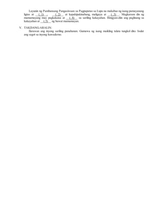 Layunin ng Pambansang Pangasiwaan sa Pagpapatao sa Lupa na makabuo ng isang pamayanang
ligtas at __( 1)__, __( 2)__ at kapakipakinabang, maligaya at __( 3)__. Magkaroon din ng
mamamayang may pagkakaisa at __( 4)__ sa sariling kakayahan. Binigyan-diin ang paglinang sa
kakayahan at __( 5)__ ng bawat mamamayan.
V. TAKDANG-ARALIN:
Ilarawan ang inyong sariling panahanan. Gumawa ng isang maikling talata tungkol dito. Isulat
ang sagot sa inyong kuwaderno.
 