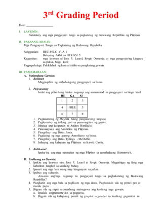 3rd
Grading Period
Date: _________________
I. LAYUNIN:
Natutukoy ang mga pangyayari tungo sa pagkatatag ng Ikalawang Republika ng Pilipinas
II. PAKSANG-ARALIN:
Mga Pangyayari Tungo sa Pagkatatag ng Ikalawang Republika
Sanggunian: BEC-PELC V. A 1
Batayang Aklat sa HEKASI 5
Kagamitan: mga larawan ni Jose P. Laurel, Sergio Osmenia; at mga pangyayaring kaugnay
sa paksa, bingo kard
Pagpapahalaga: Pakikilahok ng kusa at aktibo sa pangkatang gawain
III. PAMAMARAAN:
A. Panimulang Gawain:
1. Balitaan
Magpaqalita ng mahahalagang pangyayari sa bansa.
2. Pagsasanay
Isulat ang petsa kung kailan naganap ang sumusunod na pangyayari sa bingo kard
HE KA SI
1 2 3
4 FREE 5
6 7 8
1. Pagkakatatag ng Maynila bilang pangunahing lungsod.
2. Pagkamatay ng tatlong pari sa pamamagitan ng garote.
3. Itinatag ang katipunan ni Andres Bonifacio.
4. Pinasinayaan ang Asamblea ng Pilipinas.
5. Pinagtibay ang Batas Jones.
6. Pagdating ng mga gurong Amerikano sa bansa.
7. Pinagtibay ang Batas Tydings - McDuffie.
8. Inihayag ang kalayaan ng Pilipinas sa Kawit, Cavite.
3. Balik-aral
Ipaisa-isa ang mga natutuhan ng mga Pilipino sa pamahalaang Komonwelt.
B. Panlinang na Gawain:
1. Ipakita ang larawan nina Jose P. Laurel at Sergio Osmenia. Magpabigay ng ilang mga
kabatiran tungkol sa kanilang buhay.
2. Ipasuri ang mga lara wang may kaugnayan sa paksa.
3. Ipabuo ang suliranin.
Anu-ano ang'mga naganap na pangyayari tungo sa pagkakatatag ng Ikalawang
Republika?
4. Pangkatin ang mga bata sa paglikom ng mga datos. Paghandain sila ng pentel pen at
manila paper .
5. Bigyan sila ng sapat na panahong maisagawa ang kanilang mga gawain.
a. Ipaalala angpamantayan sa paggawa.
b. Bigyan sila ng kalayaang pumili ng graphic organizer na kanilang gagamitin sa
 