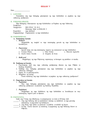 HEKASI V
Date: _________________
I. LAYUNIN:
Natatalakay ang mga bahaging ginampanan ng mga kababaihan sa paglutas ng mga
suliraning panlipunan.
II. PAKSANG-ARALIN:
Mga Bahagirig Ginampanan ng mga Kababaihan sa Paglutas ng mga Suliraning
Panlipunan
Sanggunian: BEC-PELC VI. B 4
Batayang Aklat sa HEKASI 5
Kagamitan: mga plaskard
Pagpapahalaga: Pagmamalaki sa mga kababaihan
III. PAMAMARAAN:
A. Panimulang Gawain:
1. Balitaan
Magpabalita ng tungkol sa mga natatanging gawain ng mga kababaihan sa
kasalukuyan.
2. Pagsasanay
Ipasabi kung ano ang natatanging nagawa ng sumusunod na mga kababaihan.
a. Carmen Planas c. Elisa Ochoa e. Marcela Agoncillo
b. Josefa Llanes Escoda d. Gregoria de Jesus
3. Balik-aral
Magpabigay ng mga Pilipinong napatanyag sa larangan ng panitikan at musika.
B. Panlinang na Gawain:
1. Pag-usapang muli ang mga suliraning panlipunang dinanas ng mga Pilipino sa
Ikatlong Republika.
2. Sabihing may bahaging ginampanan ang mga kababaihan sa paglutas ng mga
suliraning nabanggit.
3. Iugnay ito sa paksang-aralin.
4. Magpabuo ng tanong.
Paano tumulong ang mga kababaihan sa paglutas ng mga suliraning panlipunan?
C. Pangwakas na Gawain:
1. Paglalahat:
May mga bahaging ginampanan ang mga kababaihan sa paglutas ng mga
suliraning panlipunan sa panahon ng Ikatlong Republika.
2. Paglalapat:
Magpabigay ng mga halimbawa ng mga kababaihan sa kasalukuyan na may
natatanging nagawa para sa lipunan.
IV. PAGTATAYA:
Isulat ang T kung ang inihahayag sa pangungusap ay tama at M kung mali.
______ 1. Ang mga babaeng dati ay pantahanan lamang ay nakilahok sa mga gawaing
nakatulong sa pag-unlad ng kabuhayan.
______ 2. Ang ibang mga babae ay pumasok sa pulitika at nahalal ng bayan.
______ 3. Si Gng. Aurora Quezon ay tumulong sa pagtatatag ng mga Babaeng Iskawt sa
Pilipinas.
 