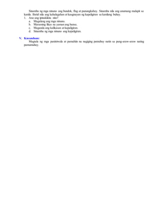 Sinamba ng mga ninuno ang bundok, flog at punungkahoy. Sinamba nila ang anumang malapit sa
kanila. Batid nila ang kahalagahan at kaugnayan ng kapaligiran sa kanilang buhay.
1. Ano ang ipinakikita nito?
a. Magalang ang mga ninuno.
b. Maraming likas na yaman ang bansa.
c. Maganda ang kalikasan at kapaligiran.
d. Sinamba ng mga ninuno ang kapaligiran.
V. Kasunduan:
Magtala ng mga paniniwala at pamahiin na nagiging patnubay natin sa pang-araw-araw nating
pamumuhay.
 