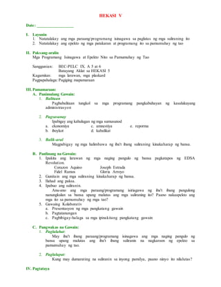 HEKASI V
Date: _________________
I. Layunin
1. Natatalakay ang mga paraang/programang isinagawa sa paglutas ng mga suliraning ito
2. Natatalakay ang epekto ng mga patakaran at programang ito sa pamumuhay ng tao
II. Paksang-aralin
Mga Programang Isinagawa at Epekto Nito sa Pamumuhay ng Tao
Sanggunian: BEC-PELC IX. A 5 at 6
Batayang Aklat sa HEKASI 5
Kagamitan: mga larawan, mga plaskard
Pagpapahalaga: Pagiging mapamaraan
III.Pamamaraan:
A. Panimulang Gawain:
1. Balitaan
Pagbabalitaan tungkol sa mga programang pangkabuhayan ng kasalukuyang
administrasyon
2. Pagsasanay
Ipabigay ang kahulugan ng mga sumusunod
a. ekonomiya c. amnestiya e. reporma
b. iboykot d. kabalikat
3. Balik-aral
Magpabigay ng mga halimbawa ng iba't ibang suliraning kinakaharap ng bansa.
B. Panlinang na Gawain:
1. Ipakita ang larawan ng mga naging pangulo ng bansa pagkatapos ng EDSA
Revolution.
Corazon Aquino Joseph Estrada
Fidel Ramos Gloria Arroyo
2. Gunitain ang mga suliraning kinakaharap ng bansa.
3. Ilahad ang paksa.
4. Ipabuo ang suliranin.
Anu-ano ang mga paraang/programang isiriagawa ng iba't ibang pangulong
nanungkulan sa bansa upang malutas ang mga suliraning ito? Paano nakaapekto ang
mga ito sa pamumuhay ng mga tao?
5. Gawaing Kolaborativ
a. Presentasyon ng mga pangkatang gawain
b. Pagtatanungan
c. Pagbibigay-halaga sa mga ipinakitang pangkatang gawain
C. Pangwakas na Gawain:
1. Paglalahat:
May iba't ibang paraang/programang isinagawa ang mga naging pangulo ng
bansa upang malutas ang iba't ibang suliranin na nagkaroon ng epekto sa
pamumuhay ng tao.
2. Paglalapat:
Kung may dumarating na suliranin sa inyong pamilya, paano ninyo ito nilulutas?
IV. Pagtataya
 
