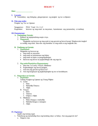 HEKASI V
Date: _________________
I. Layunin:
 Natatalakay ang bahaging ginagampanan ng pangkat ng tao sa lipunan
II. Paksang-aralin:
Pangkat ng Tao sa Lipunan
Sanggunian: PELC Yunit I A.1 A.2
Kagamitan: larawan ng mag-anak na mayaman, katamtaman ang pamumuhay at mahirap
III.Pamamaraan:
A. Panimulang Gawain:
1. Balitaan ng napapanahong usapn o isyu.
2. Pagganyak
Magpakita ng larawan ng mag-anak at ang gawain ng bawat kasapi. Magkuwento tungkol
sa sariling mag-anak. Sinu-sino ang bumubuo sa mag-anak at ang tungkulin nito.
B. Panlinang na Gawain:
1. Paglalahad:
Magpakita ng larawan ng:
a. mag-anak na mayaman
b. mag-anak na katamtaman ang buhay
c. mag-anak na kapos sa pangangailangan
 Ilarawan ang bawat isa paghambingin din ang mga ito.
2. Pag-uulat/Pagtalakay/Pagpapatunay
a. Sinu-sino sa Luzon, Visayas, Mindanao
b. Paghambingin ang bawat pangkat.
c. Anu-ano ang gawain ng bawat isa?
d. Ano ang kaugnayan ng pagkakapangkat ng tao sa kasalukuyan.
C. Pangwakas na Gawain:
1. Paglalahat
Tatlong Pangkat ng Lipunan ng Unang Pilipino
A. Luzon
1. Datu
2. Maharlika/Timawa
3. Alipin
B. Visayas
1. Datu
2. Timawa
3. Oripun o Alipin
C. Mindanao
1. Mala-i-bangsa o maharlika
2. Mabubai-bangsa o matagtao
3. Alipin
IV. Pagtataya:
Ipapili ang tamang sagot.
1. Nakabasag ng mamahaling baso ang katulong ninyo sa bahay. Ano ang gagawin mo?
a. Sisigawa siya
 