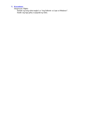 V. Kasunduan:
Integrasyon: Filipino
Sumulat ng isang talata tungkol sa “Ang Suliranin sa Lupa sa Mindanao”.
Sundin ang mga gabay sa pagsulat ng talata.
 