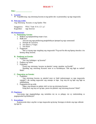 HEKASI V
Date: _________________
I. Layunin:
 Naipaliliwanag ang sistemang kasama at ang epekto nito sa pamumuhay ng mga magsasaka.
II. Paksang-aralin:
Ang Sistemang Kasama at ang Epekto Nito
Sanggunian: PELC Yunit II A.1.2.1 p.1
Kagamitan: mga larawan
III.Pamamaraan:
A. Panimulang Gawain:
1. Balitaan ng napapanahong usapn o isyu.
2. Balik-aral
Anu-ano ang mga patakarang pangkabuhayan ipatupad ng mga sumusunod:
a. Hurtado de Corcuerra
b. Jose Basco y Vargas
c. Jose Raon
3. Pagganyak
Sino sa inyong mga magulang ang magsasaka? Pag-aari ba nila ang lupang sinasaka o isa
lamang silang kasama.
B. Panlinang na Gawain:
1. Paglalahad
Ano ang kahulugan ng kasama?
2. Pagbasa ng teksto
3. Pagtalakay
Paano ang sistemang kasama na pinaiiral noong panahon ng Kastila?
Ihambing ang sistemang Kasama noon at sa kasalukuyan. Alin ang higit na mabuti?
Bakit?
C. Pangwakas na Gawain:
1. Paglalahat:
Ang sistemang kasama na pinaiiral noon ay hindi makatarungan sa mga magsasaka
sapagka’t sila naming nagsasaka ang umuupa sa lupa. Ang may-ari ng lupa ang higit na
nakikinabang.
2. Pagpapalawak ng aralin
Ibigay ang matapat na opinion ukol sa isyu ng sistemang kasama.
Kung ikaw ang may-ari ng lupa, paano mo pinaiiral ang sistemang kasama? Bakit?
IV. Pagtataya:
Anu-anong mga pagpapahalaga ang natutuhan mo na sa palagay mo ay makatutulong sa
pagpapaunlad ng kabuhayan?
V. Kasunduan:
Kapanayamin ninyo ang ilan sa mga magsasaka ng inyong barangay at alamin ang mga suliranin
ng mga ito.
 