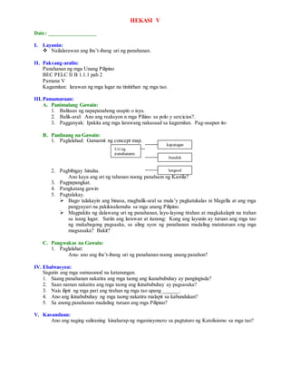 HEKASI V
Date: _________________
I. Layunin:
 Nailalarawan ang iba’t-ibang uri ng panahanan.
II. Paksang-aralin:
Panahanan ng mga Unang Pilipino
BEC PELC II B 1.1.1 pah 2
Pamana V
Kagamitan: larawan ng mga lugar na tinitirhan ng mga tao.
III.Pamamaraan:
A. Panimulang Gawain:
1. Balitaan ng napapanahong usapin o isyu.
2. Balik-aral: Ano ang reaksyon n mga Piliino sa polo y sercicios?.
3. Pagganyak: Ipakita ang mga larawang nakasaad sa kagamitan. Pag-usapan ito
B. Panlinang na Gawain:
1. Paglalahad: Gumamit ng concept map.
2. Pagbibigay hinuha.
Ano kaya ang uri ng tahanan noong panahaon ng Kastila?
3. Pagpapangkat.
4. Pangkatang gawin
5. Pagtalakay.
 Bago talakayin ang binasa, magbalik-aral sa mula’y pagkatukalas ni Magella at ang mga
pangyayari na pakikisalamuha sa mga unang Pilipino.
 Magpakita ng dalawang uri ng panahanan, layu-layong tirahan at magkakalapit na trahan
sa isang lugar. Suriin ang larawan at itanong: Kung ang layunin ay turuan ang mga tao
ng makabagong pagsaaka, sa aling ayos ng panahanan madaling matuturuan ang mga
magsasaka? Bakit?
C. Pangwakas na Gawain:
1. Paglalahat:
Anu- ano ang iba’t-ibang uri ng panahanan noong unang panahon?
IV. Ebalwasyon:
Sagutin ang mga sumusunod na katanungan.
1. Saang panahanan nakatira ang mga taong ang ikanabubuhay ay pangingisda?
2. Saan naman nakatira ang mga taong ang ikinabubuhay ay pagsasaka?
3. Nais ilipit ng mga pari ang tirahan ng mga tao upang ______.
4. Ano ang ikinabubuhay ng mga taong nakatira malapit sa kabundukan?
5. Sa anong panahanan madaling turuan ang mga Pilipino?
V. Kasunduan:
Ano ang naging suliraning kinaharap ng mgamisyonero sa pagtuturo ng Katolisismo sa mga tao?
Uri ng
panahanann
kapatagan
bundok
lungsod
 