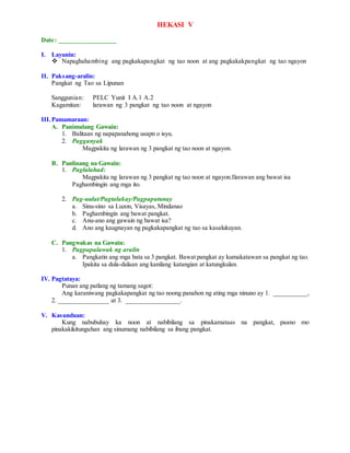 HEKASI V
Date: _________________
I. Layunin:
 Napaghahambing ang pagkakapangkat ng tao noon at ang pagkakakpangkat ng tao ngayon
II. Paksang-aralin:
Pangkat ng Tao sa Lipunan
Sanggunian: PELC Yunit I A.1 A.2
Kagamitan: larawan ng 3 pangkat ng tao noon at ngayon
III.Pamamaraan:
A. Panimulang Gawain:
1. Balitaan ng napapanahong usapn o isyu.
2. Pagganyak
Magpakita ng larawan ng 3 pangkat ng tao noon at ngayon.
B. Panlinang na Gawain:
1. Paglalahad:
Magpakita ng larawan ng 3 pangkat ng tao noon at ngayon.Ilarawan ang bawat isa
Paghambingin ang mga ito.
2. Pag-uulat/Pagtalakay/Pagpapatunay
a. Sinu-sino sa Luzon, Visayas, Mindanao
b. Paghambingin ang bawat pangkat.
c. Anu-ano ang gawain ng bawat isa?
d. Ano ang kaugnayan ng pagkakapangkat ng tao sa kasalukuyan.
C. Pangwakas na Gawain:
1. Pagpapalawak ng aralin
a. Pangkatin ang mga bata sa 3 pangkat. Bawat pangkat ay kumakatawan sa pangkat ng tao.
Ipakita sa dula-dulaan ang kanilang katangian at katungkulan.
IV. Pagtataya:
Punan ang patlang ng tamang sagot:
Ang karaniwang pagkakapangkat ng tao noong panahon ng ating mga ninuno ay 1. __________,
2. _______________ at 3. ________________.
V. Kasunduan:
Kung nabubuhay ka noon at nabibilang sa pinakamataas na pangkat, paano mo
pinakakikitunguhan ang sinumang nabibilang sa ibang pangkat.
 