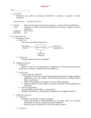 HEKASI V
Date: _________________
I. LAYUNIN:
 Natatalakay ang epekto ng pamunuang demokratiko ng Espanya sa pagbuo ng diwang
makabansa.
Pagpapahalaga: Pagiging makabansa
II. PAKSA: Epekto ng Pamunuang Demokratiko ng Espanya sa Pagbuo ng Diwang Makabansa.
Aralin: Pagtalakay sa epekto ng pamunuang demokratiko ng Espanya sa pagbuo ng diwang
makabansa.
Sanggunian: BEC D.8 p.8
Kagamitan: tsart
III. PAMAMARAAN:
A. Panimulang Gawain:
1. Balik-Aral:
Pag-usapan ang salitang “demokrasya.”
Kalayaang kalayaan sa
Bumuto pagpapahayag
Kalayaang
Mag-aral
2. Pagganyak:
Anong pamahalaan mayroon ang Pilipinas?
B. Panlinang na Gawain:
1. Paglalahad:
Ipabasa sa mga bata ang pangungusap na nagpapatunay na nakatulong ang pamunuang
demoktratiko ng Espanya sa pagbuo ng diwang makabansa.
2. Pagtatalakay:
a. Talakayin ang mga sumusunod:
 Nagpadala sa ating bansa ng mga bagong pinunong demokratiko. Naging magandang
pagkakataon ito sa mga Pilipino. Unti-unti nilang pinarating ang kanilang hiling at
daing sa pamahalaan.
 Malaya silang makapag-usap tungkol sa mga nais nilang pagbabago.
 Malayang naipakita ng mga Pilipino ang sagisag ng kalayaan tulad ng pagkakabit ng
pulang laso.
b. Batay sa ating tinalakay.
Ano ang ipinakita ng mga Pilipino sa panahong ito?
c. Magbigay ng halimbawa sa pangungusap na nagpapatunay ng pagiging makabansa.
C. Pangwakas na Gawain:
1. Paglalahat:
Patnubayan ang mga bata sa pagbuo ng kaisipan.
- malaki ang naitulong at kapaki-pakinabang ba ang naging epekto ng pamunuang
demokratiko ng Espanya sa pagbuo ng diwang makabansa?
- Bakit nila ginawa ang lahat ng ito? Para kanino nila ito iniuukol?
2. Paglalapat:
KALAYAAN
 