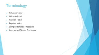Terminology
● Hekaton Table
● Hekaton Index
● Regular Table
● Regular Index
● Compiled Stored Procedure
● Interpreted Stored Procedure
 