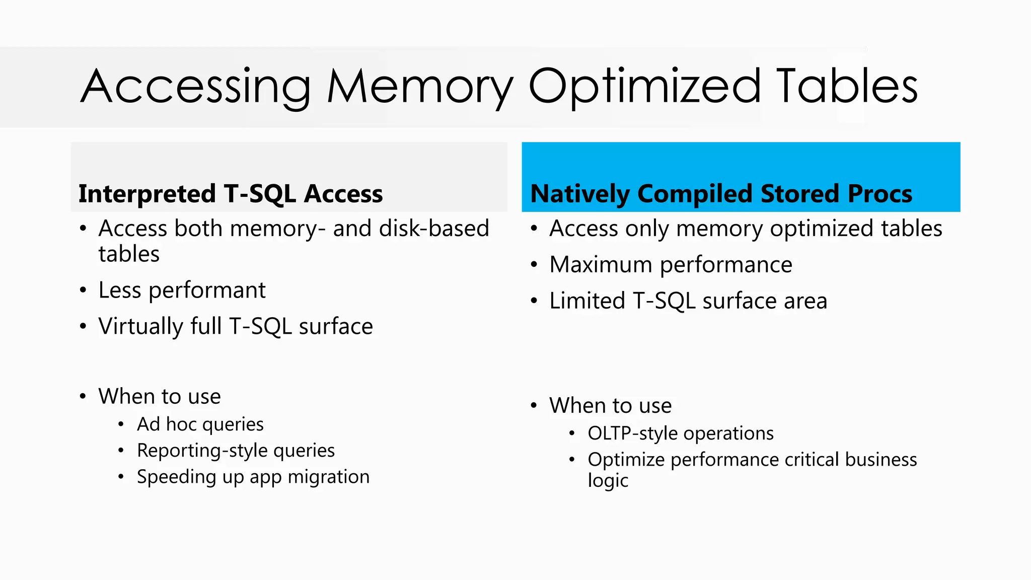 • Access both memory- and disk-based tables • Less performant • Virtually full T-SQL surface • When to use • Ad hoc queries • Reporting-style queries • Speeding up app migration Accessing Memory Optimized Tables Interpreted T-SQL Access Natively Compiled Stored Procs • Access only memory optimized tables • Maximum performance • Limited T-SQL surface area • When to use • OLTP-style operations • Optimize performance critical business logic 