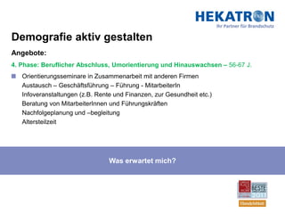 Demografie aktiv gestalten
Angebote:
4. Phase: Beruflicher Abschluss, Umorientierung und Hinauswachsen – 56-67 J.
   Orientierungsseminare in Zusammenarbeit mit anderen Firmen
   Austausch – Geschäftsführung – Führung - MitarbeiterIn
   Infoveranstaltungen (z.B. Rente und Finanzen, zur Gesundheit etc.)
   Beratung von MitarbeiterInnen und Führungskräften
   Nachfolgeplanung und –begleitung
   Altersteilzeit




                                 Was erwartet mich?
 