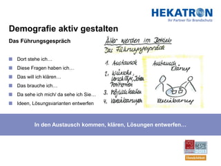 Demografie aktiv gestalten
Das Führungsgespräch


  Dort stehe ich…
  Diese Fragen haben ich…
  Das will ich klären…
  Das brauche ich…
  Da sehe ich mich/ da sehe ich Sie…
  Ideen, Lösungsvarianten entwerfen



         In den Austausch kommen, klären, Lösungen entwerfen…
 
