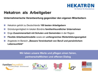 Hekatron als Arbeitgeber
Unternehmerische Verantwortung gegenüber den eigenen Mitarbeitern

  Hekatron gehört zu Deutschlands 100 besten Arbeitgebern
  Gründungsmitglied im lokalen Bündnis familienfreundlicher Unternehmen
  Enge Zusammenarbeit mit Schulen und Gemeinden in der Region
  Flexible Arbeitszeitmodelle sowie ein umfangreiches Weiterbildungsangebot
  Angebote im Bereich „Bessere Vereinbarkeit von Beruf und persönlichem
  Lebensumfeld“



             Wir leben unsere Werte und pflegen einen fairen,
                  partnerschaftlichen und offenen Dialog
 