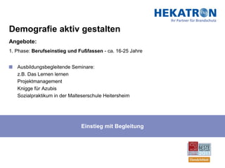Demografie aktiv gestalten
Angebote:
1. Phase: Berufseinstieg und Fußfassen - ca. 16-25 Jahre


   Ausbildungsbegleitende Seminare:
   z.B. Das Lernen lernen
   Projektmanagement
   Knigge für Azubis
   Sozialpraktikum in der Malteserschule Heitersheim




                              Einstieg mit Begleitung
 