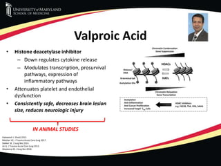 Valproic Acid
• Histone deacetylase inhibitor
– Down regulates cytokine release
– Modulates transcription, prosurvival
pathways, expression of
inflammatory pathways
• Attenuates platelet and endothelial
dysfunction
• Consistently safe, decreases brain lesion
size, reduces neurologic injury
IN ANIMAL STUDIES
Halaweish I. Shock 2015.
Nikolian VC. J Trauma Acute Care Surg 2017.
Dekker SE. J Surg Res 2014.
Jin G. J Trauma Acute Care Surg 2012.
Weykamp M. J Surg Res 2018.
 