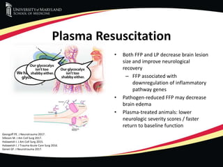 Plasma Resuscitation
• Both FFP and LP decrease brain lesion
size and improve neurological
recovery
– FFP associated with
downregulation of inflammatory
pathway genes
• Pathogen-reduced FFP may decrease
brain edema
• Plasma-treated animals: lower
neurologic severity scores / faster
return to baseline function
Georgoff PE. J Neurotrauma 2017.
Silleson M. J Am Coll Surg 2017.
Halaweish I. J Am Coll Surg 2015.
Halaweish I. J Trauma Acute Care Surg 2016.
Genet GF. J Neurotrauma 2017.
 