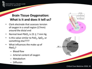 Brain Tissue Oxygenation:
What is it and does it tell us?
• Clark electrode that assesses tension
of oxygen in a small region (17mm)
around the distal end
• Normal level PbtO2 is 23 ± 7 mm Hg
• Is this value similar to PaO2, SpO2, or
something else????
• What influences the make up of
PbtO2?
– Blood flow
– Arterial content of oxygen
– Metabolism
– Diffusion
Critical Care Medicine 2008; 36.
 