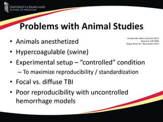 Problems with Animal Studies
• Animals anesthetized
• Hypercoagulable (swine)
• Experimental setup – “controlled” condition
– To maximize reproducibility / standardization
• Focal vs. diffuse TBI
• Poor reproducibility with uncontrolled
hemorrhage models
Combes RD. Altern Lab Anim 2013.
Namas R. LJM 2009.
Angoa-Perez M. J Neurochem 2014.
 