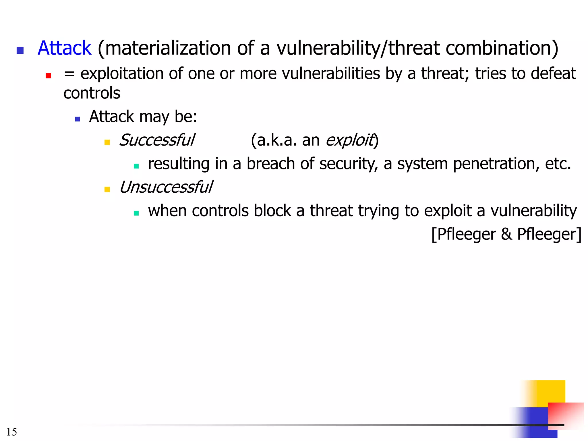 15
 Attack (materialization of a vulnerability/threat combination)
 = exploitation of one or more vulnerabilities by a threat; tries to defeat
controls
 Attack may be:
 Successful (a.k.a. an exploit)
 resulting in a breach of security, a system penetration, etc.
 Unsuccessful
 when controls block a threat trying to exploit a vulnerability
[Pfleeger & Pfleeger]
 