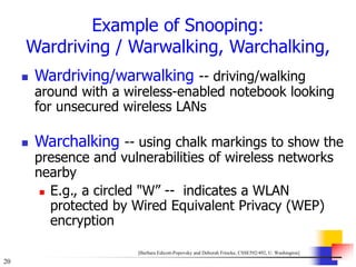 20
Example of Snooping:
Wardriving / Warwalking, Warchalking,
 Wardriving/warwalking -- driving/walking
around with a wireless-enabled notebook looking
for unsecured wireless LANs
 Warchalking -- using chalk markings to show the
presence and vulnerabilities of wireless networks
nearby
 E.g., a circled "W” -- indicates a WLAN
protected by Wired Equivalent Privacy (WEP)
encryption
[Barbara Edicott-Popovsky and Deborah Frincke, CSSE592/492, U. Washington]
 