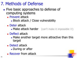 36
7. Methods of Defense
 Five basic approaches to defense of
computing systems
 Prevent attack
 Block attack / Close vulnerability
 Deter attack
 Make attack harder (can’t make it impossible )
 Deflect attack
 Make another target more attractive than this
target
 Detect attack
 During or after
 Recover from attack
 