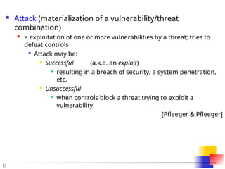 15
 Attack (materialization of a vulnerability/threat
combination)
 = exploitation of one or more vulnerabilities by a threat; tries to
defeat controls

Attack may be:
 Successful (a.k.a. an exploit)

resulting in a breach of security, a system penetration,
etc.
 Unsuccessful

when controls block a threat trying to exploit a
vulnerability
[Pfleeger & Pfleeger]
 