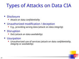 25
Types of Attacks on Data CIA
 Disclosure
 Attack on data confidentiality
 Unauthorized modification / deception
 E.g., providing wrong data (attack on data integrity)
 Disruption
 DoS (attack on data availability)
 Usurpation
 Unauthorized use of services (attack on data confidentiality,
integrity or availability)
 