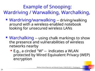 20
Example of Snooping:
Wardriving / Warwalking, Warchalking,
 Wardriving/warwalking -- driving/walking
around with a wireless-enabled notebook
looking for unsecured wireless LANs
 Warchalking -- using chalk markings to show
the presence and vulnerabilities of wireless
networks nearby
 E.g., a circled "W” -- indicates a WLAN
protected by Wired Equivalent Privacy (WEP)
encryption
[Barbara Edicott-Popovsky and Deborah Frincke, CSSE592/492, U. Washington]
 