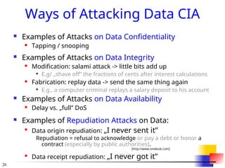 26
Ways of Attacking Data CIA
 Examples of Attacks on Data Confidentiality
 Tapping / snooping
 Examples of Attacks on Data Integrity
 Modification: salami attack -> little bits add up

E.g/ „shave off” the fractions of cents after interest calculations
 Fabrication: replay data -> send the same thing again

E.g., a computer criminal replays a salary deposit to his account
 Examples of Attacks on Data Availability
 Delay vs. „full” DoS
 Examples of Repudiation Attacks on Data:

Data origin repudiation: „I never sent it”
Repudiation = refusal to acknowledge or pay a debt or honor a
contract (especially by public authorities).
[http://www.onelook.com]

Data receipt repudiation: „I never got it”
 