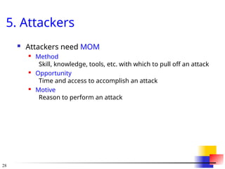 28
5. Attackers
 Attackers need MOM
 Method
Skill, knowledge, tools, etc. with which to pull off an attack
 Opportunity
Time and access to accomplish an attack
 Motive
Reason to perform an attack
 