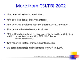 4
More from CSI/FBI 2002
 40% detected external penetration
 40% detected denial of service attacks.
 78% detected employee abuse of Internet access privileges
 85% percent detected computer viruses.
 38% suffered unauthorized access or misuse on their Web sites
within the last twelve months. 21% didn’t know.
[includes insider attacks]
 12% reported theft of transaction information.
 6% percent reported financial fraud (only 3% in 2000).
[Barbara Edicott-Popovsky and Deborah Frincke, CSSE592/492, U. Washington]
 