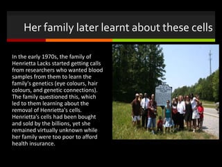 Her family later learnt about these cells
In the early 1970s, the family of
Henrietta Lacks started getting calls
from researchers who wanted blood
samples from them to learn the
family's genetics (eye colours, hair
colours, and genetic connections).
The family questioned this, which
led to them learning about the
removal of Henrietta's cells.
Henrietta’s cells had been bought
and sold by the billions, yet she
remained virtually unknown while
her family were too poor to afford
health insurance.
 