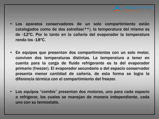 • Los aparatos conservadores de un solo compartimiento están
catalogados como de dos estrellas(**), la temperatura del mismo es
de -12ºC. Por lo tanto en la cañería del evaporador la temperatura
ronda los -18ºC.
• En equipos que presentan dos compartimientos con un solo motor,
conviven dos temperaturas distintas. La temperatura a tener en
cuenta para la carga de fluido refrigerante es la del evaporador
primario (freezer). El evaporador secundario o del espacio conservador
presenta menor cantidad de cañería, de esta forma se logra la
diferencia térmica con el compartimiento del freezer.
• Los equipos “combis” presentan dos motores, uno para cada espacio
a refrigerar, los cuales se manejan de manera independiente, cada
uno con su termostato.
 