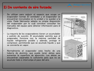 2) De corriente de aire forzada:
• Se utilizan para reducir el espacio que ocupa un
evaporador normal. El ventilador y el evaporador se
encuentran incrustados en la unidad y no quedan a la
vista. Cada fabricante adopta su propia disposición
del evaporador por lo cual conviene consultar los
manuales del equipo para obtener información para el
diagnostico.
• La mayoría de los evaporadores tienen un acumulador
o pulmón de succión. El acumulador permite que el
evaporador funcione con la máxima cantidad de
líquido refrigerante posible y además, protege el
compresor, permitiendo que se acumule líquido y que
se convierta en vapor.
• Normalmente el evaporador esta hecho de una
tubería de aluminio, que puede tener aletas para
aumentar la superficie de absorción. Las aletas se
encuentran separadas lo suficiente para que no se
acumule hielo e interrumpa el paso del aire.
 