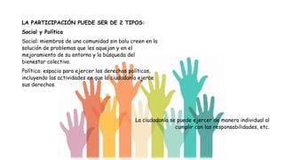 LA PARTICIPACIÓN PUEDE SER DE 2 TIPOS:
Social y Política
Social: miembros de una comunidad sin bolu creen en la
solución de problemas que les aquejan y en el
mejoramiento de su entorno y la búsqueda del
bienestar colectivo.
Política: espacio para ejercer los derechos políticos,
incluyendo las actividades en que la ciudadanía ejerce
sus derechos.
La ciudadanía se puede ejercer de manera individual al
cumplir con las responsabilidades, etc.
 