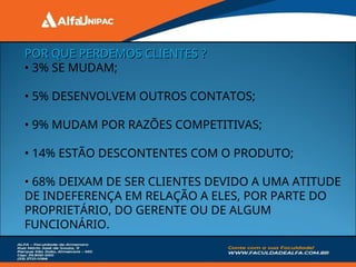 POR QUE PERDEMOS CLIENTES ?
POR QUE PERDEMOS CLIENTES ?
• 3% SE MUDAM;
• 5% DESENVOLVEM OUTROS CONTATOS;
• 9% MUDAM POR RAZÕES COMPETITIVAS;
• 14% ESTÃO DESCONTENTES COM O PRODUTO;
• 68% DEIXAM DE SER CLIENTES DEVIDO A UMA ATITUDE
DE INDEFERENÇA EM RELAÇÃO A ELES, POR PARTE DO
PROPRIETÁRIO, DO GERENTE OU DE ALGUM
FUNCIONÁRIO.
 