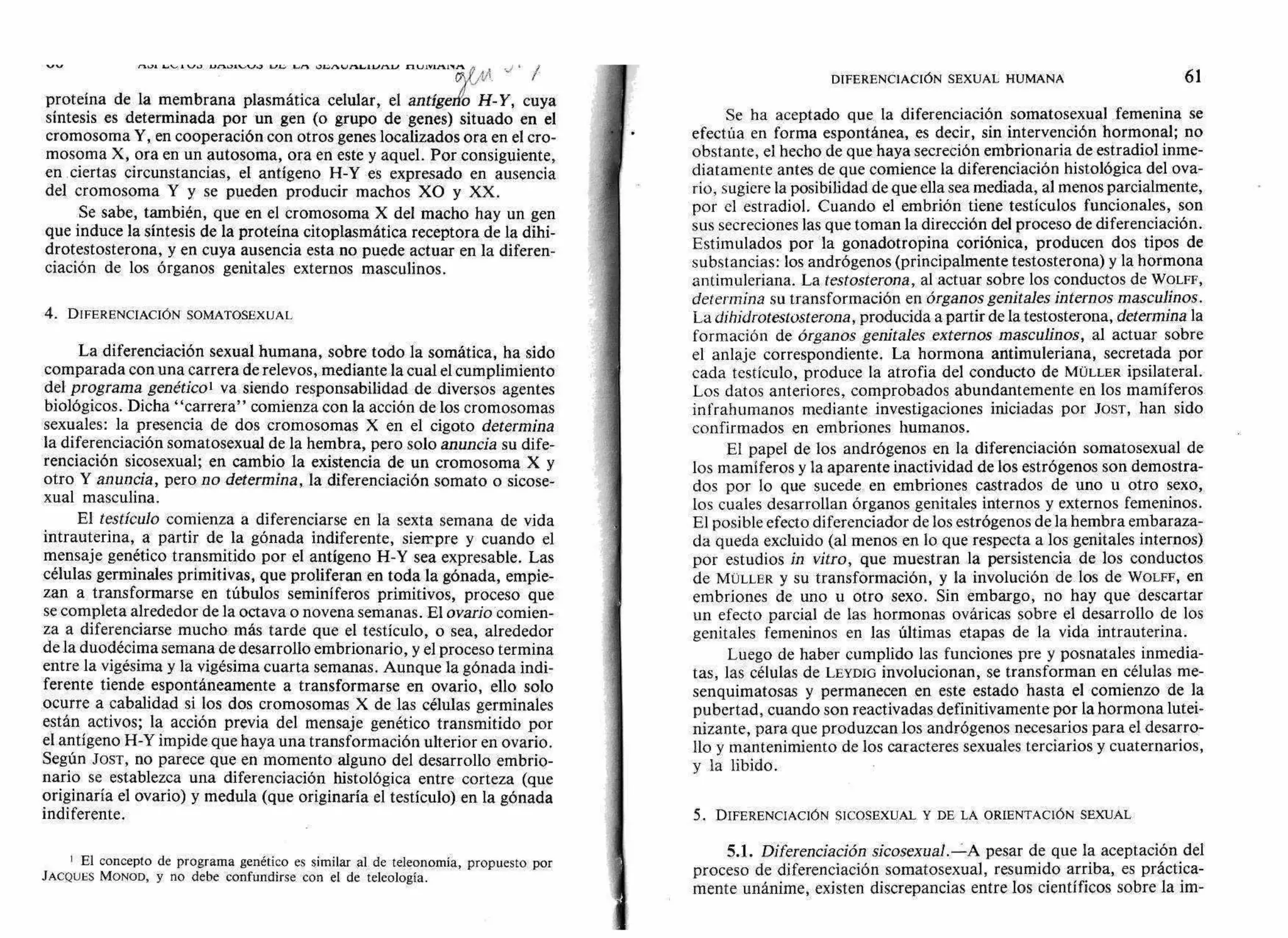 rsua Lo. I 1.11, L,11 J1iA V AL.IVAL ri u winvors.
Y1
/ -
proteína de la membrana plasmática celular, el antigeñó H-Y, cuya
síntesis es determinada por un gen (o grupo de genes) situado en el
cromosoma Y, en cooperación con otros genes localizados ora en el cro-
mosoma X, ora en un autosoma, ora en este y aquel. Por consiguiente,
en ciertas circunstancias, el antígeno H-Y es expresado en ausencia
del cromosoma Y y se pueden producir machos XO y XX.
Se sabe, también, que en el cromosoma X del macho hay un gen
que induce la síntesis de la proteína citoplasmática receptora de la dihi-
drotestosterona, y en cuya ausencia esta no puede actuar en la diferen-
ciación de los órganos genitales externos masculinos.
4. DIFERENCIACIÓN SOMATOSEXUAL.
La diferenciación sexual humana, sobre todo la somática, ha sido
comparada con una carrera de relevos, mediante la cual el cumplimiento
del programa genético' va siendo responsabilidad de diversos agentes
biológicos. Dicha "carrera" comienza con la acción de los cromosomas
sexuales: la presencia de dos cromosomas X en el cigoto determina
la diferenciación somatosexual de la hembra, pero solo anuncia su dife-
renciación sicosexual; en cambio la existencia de un cromosoma X y
otro Y anuncia, pero no determina, la diferenciación somato o sicose-
xual masculina.
El testículo comienza a diferenciarse en la sexta semana de vida
intrauterina, a partir de la gónada indiferente, siempre y cuando el
mensaje genético transmitido por el antígeno H-Y sea expresable. Las
células germinales primitivas, que proliferan en toda la gónada, empie-
zan a transformarse en túbulos seminíferos primitivos, proceso que
se completa alrededor de la octava o novena semanas. El ovario comien-
za a diferenciarse mucho más tarde que el testículo, o sea, alrededor
de la duodécima semana de desarrollo embrionario, y el proceso termina
entre la vigésima y la vigésima cuarta semanas. Aunque la gónada indi-
ferente tiende espontáneamente a transformarse en ovario, ello solo
ocurre a cabalidad si los dos cromosomas X de las células germinales
están activos; la acción previa del mensaje genético transmitido por
el antígeno H-Y impide que haya una transformación ulterior en ovario.
Según JOST, no parece que en momento alguno del desarrollo embrio-
nario se establezca una diferenciación histológica entre corteza (que
originaría el ovario) y medula (que originaría el testículo) en la gónada
indiferente.
1 El concepto de programa genético es similar al de teleonomía, propuesto por
JACQUES MONOD, y no debe confundirse con el de teleología.
DIFERENCIACIÓN SEXUAL HUMANA 61
Se ha aceptado que la diferenciación somatosexual femenina se
efectúa en forma espontánea, es decir, sin intervención hormonal; no
obstante, el hecho de que haya secreción embrionaria de estradiol inme-
diatamente antes de que comience la diferenciación histológica del ova-
rio, sugiere la posibilidad de que ella sea mediada, al menos parcialmente,
por el estradiol. Cuando el embrión tiene testículos funcionales, son
sus secreciones las que toman la dirección del proceso de diferenciación.
Estimulados por la gonadotropina coriónica, producen dos tipos de
substancias: los andrógenos (principalmente testosterona) y la hormona
antimuleriana. La testosterona, al actuar sobre los conductos de WOLFF,
determina su transformación en órganos genitales internos masculinos.
La dihidrotestosterona, producida a partir de la testosterona, determina la
formación de órganos genitales externos masculinos, al actuar sobre
el anlaje correspondiente. La hormona antimuleriana, secretada por
cada testículo, produce la atrofia del conducto de MüLLER ipsilateral.
Los datos anteriores, comprobados abundantemente en los mamíferos
infrahumanos mediante investigaciones iniciadas por Jos-r, han sido
confirmados en embriones humanos.
El papel de los andrógenos en la diferenciación somatosexual de
los mamíferos y la aparente inactividad de los estrógenos son demostra-
dos por lo que sucede en embriones castrados de uno u otro sexo,
los cuales desarrollan órganos genitales internos y externos femeninos.
El posible efecto diferenciador de los estrógenos de la hembra embaraza-
da queda excluido (al menos en lo que respecta a los genitales internos)
por estudios in vitro, que muestran la persistencia de los conductos
de MÜLLER y su transformación, y la involución de los de WOLFF, en
embriones de uno u otro sexo. Sin embargo, no hay que descartar
un efecto parcial de las hormonas ováricas sobre el desarrollo de los
genitales femeninos en las últimas etapas de la vida intrauterina.
Luego de haber cumplido las funciones pre y posnatales inmedia-
tas, las células de LEYDIG involucionan, se transforman en células me-
senquimatosas y permanecen en este estado hasta el comienzo de la
pubertad, cuando son reactivadas definitivamente por la hormona lutei-
nizante, para que produzcan los andrógenos necesarios para el desarro-
llo y mantenimiento de los caracteres sexuales terciarios y cuaternarios,
y la libido.
5. DIFERENCIACIÓN SICOSEXUAL Y DE LA ORIENTACIÓN SEXUAL
5.1. Diferenciación sicosexual.—A pesar de que la aceptación del
proceso de diferenciación somatosexual, resumido arriba, es práctica-
mente unánime, existen discrepancias entre los científicos sobre la im-
 
