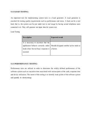 5.1.5 LOAD TESTING:
An important tool for implementing system tests is a Load generator. A Load generator is
essential for testing quality requirements such as performance and stress. A load can be a real
load, that is, the system can be put under test to real usage by having actual telephone users
connected to it. They will generate test input data for system test.
Load Testing
5.1.5 PERFORMANCE TESTING:
Performance tests are utilized in order to determine the widely defined performance of the
software system such as execution time associated with various parts of the code, response time
and device utilization. The intent of this testing is to identify weak points of the software system
and quantify its shortcomings.
Description Expected result
It is necessary to ascertain that the
application behaves correctly under
loads when ‘Server busy’ response is
received.
Should designate another active node as
a Server.
 